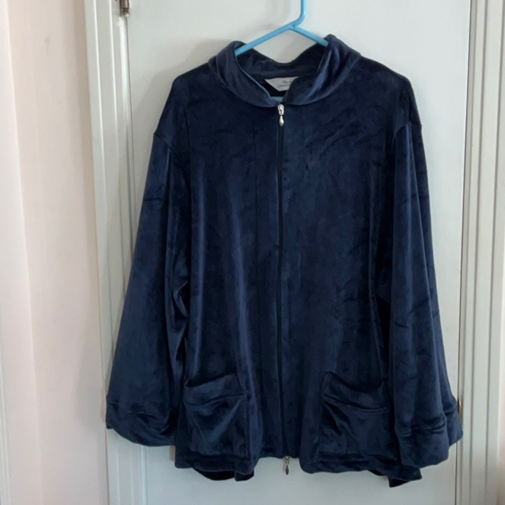 Vermont Country Store Slouchy Navy Velour Double-Ended Zip-Up Jacket 2X